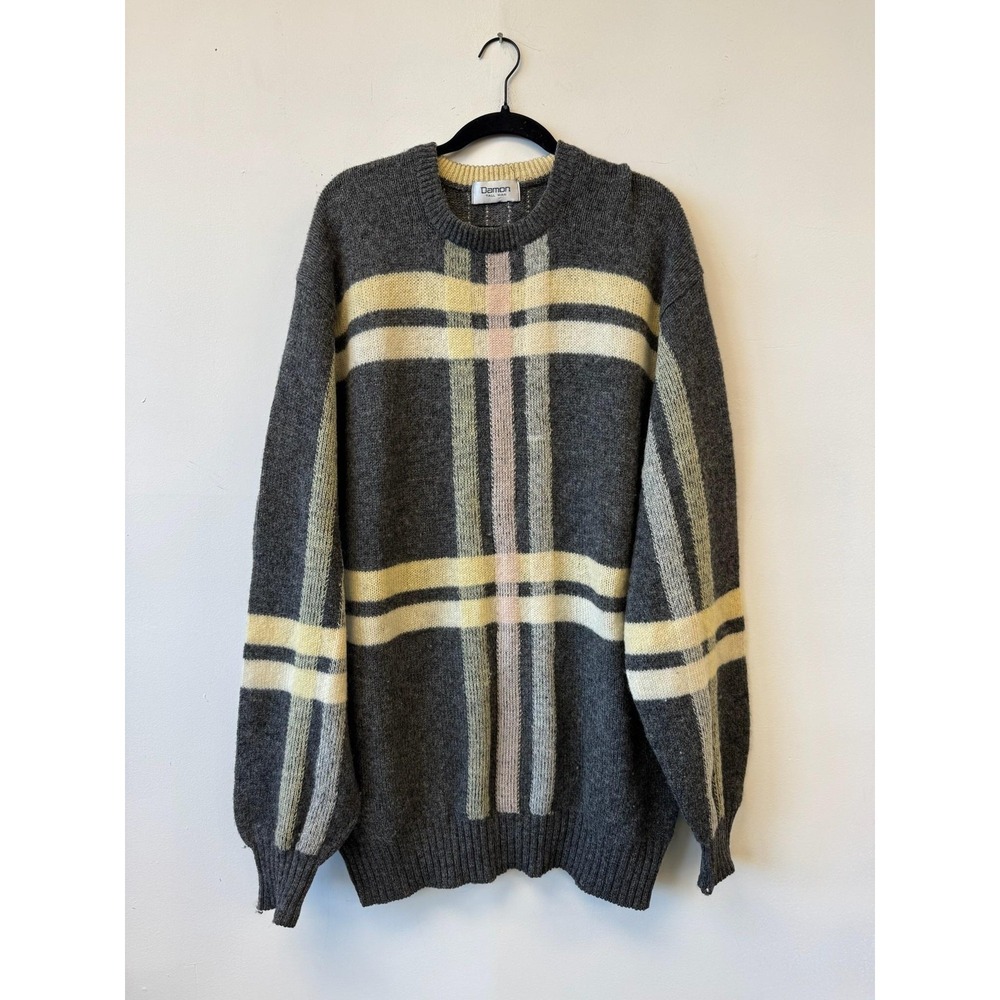 VTG Damon Sweater 2XLT Gray Plaid Knit Pullover Crewneck Long‎ Sleeve Cozy